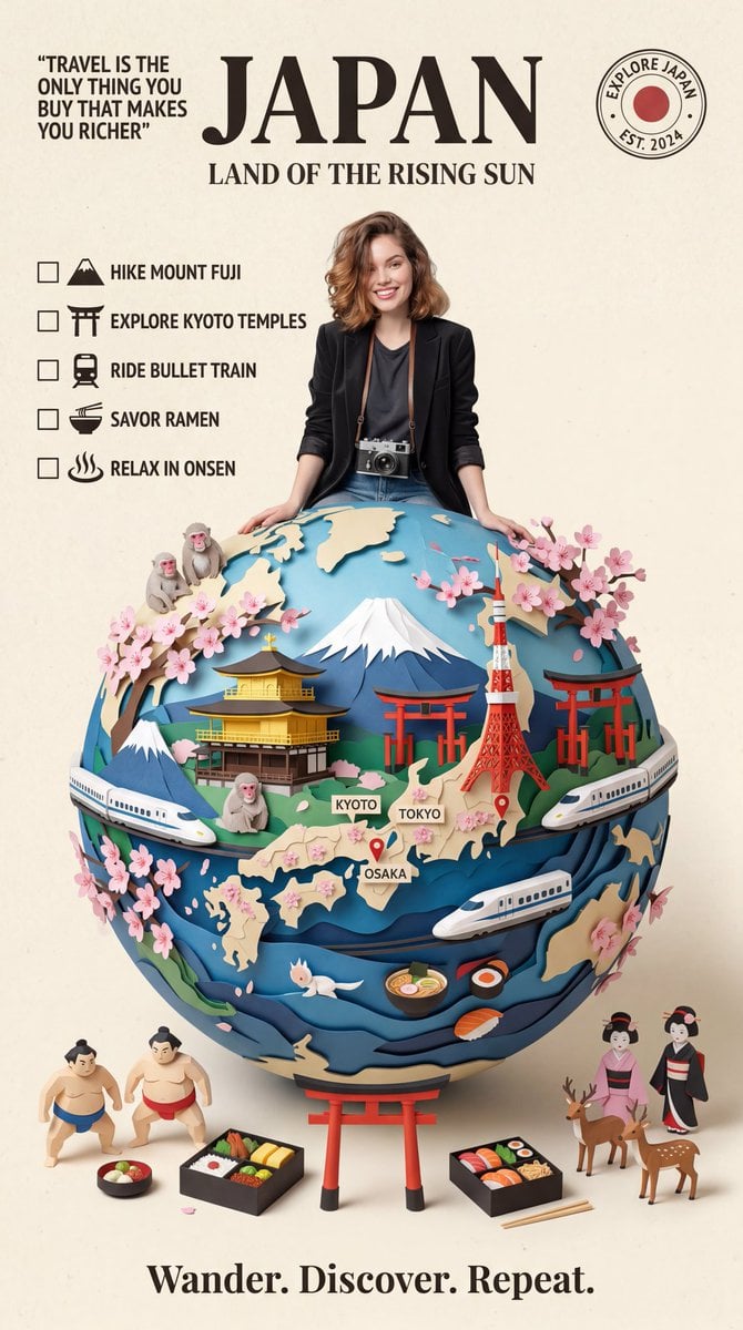 Design a premium vintage-inspired travel poster on a clean cream background feat