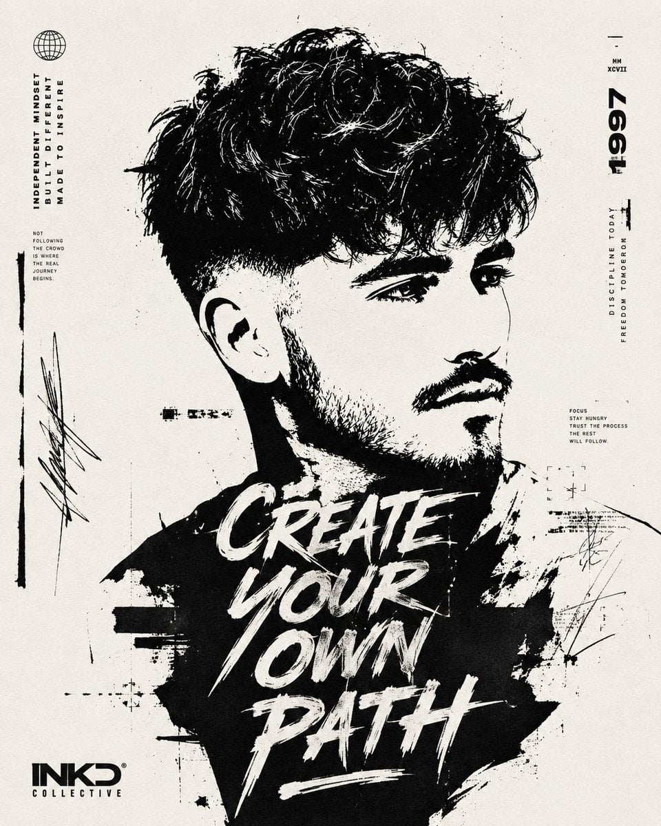 High-contrast black and white typographic portrait poster of [Human], shown in s