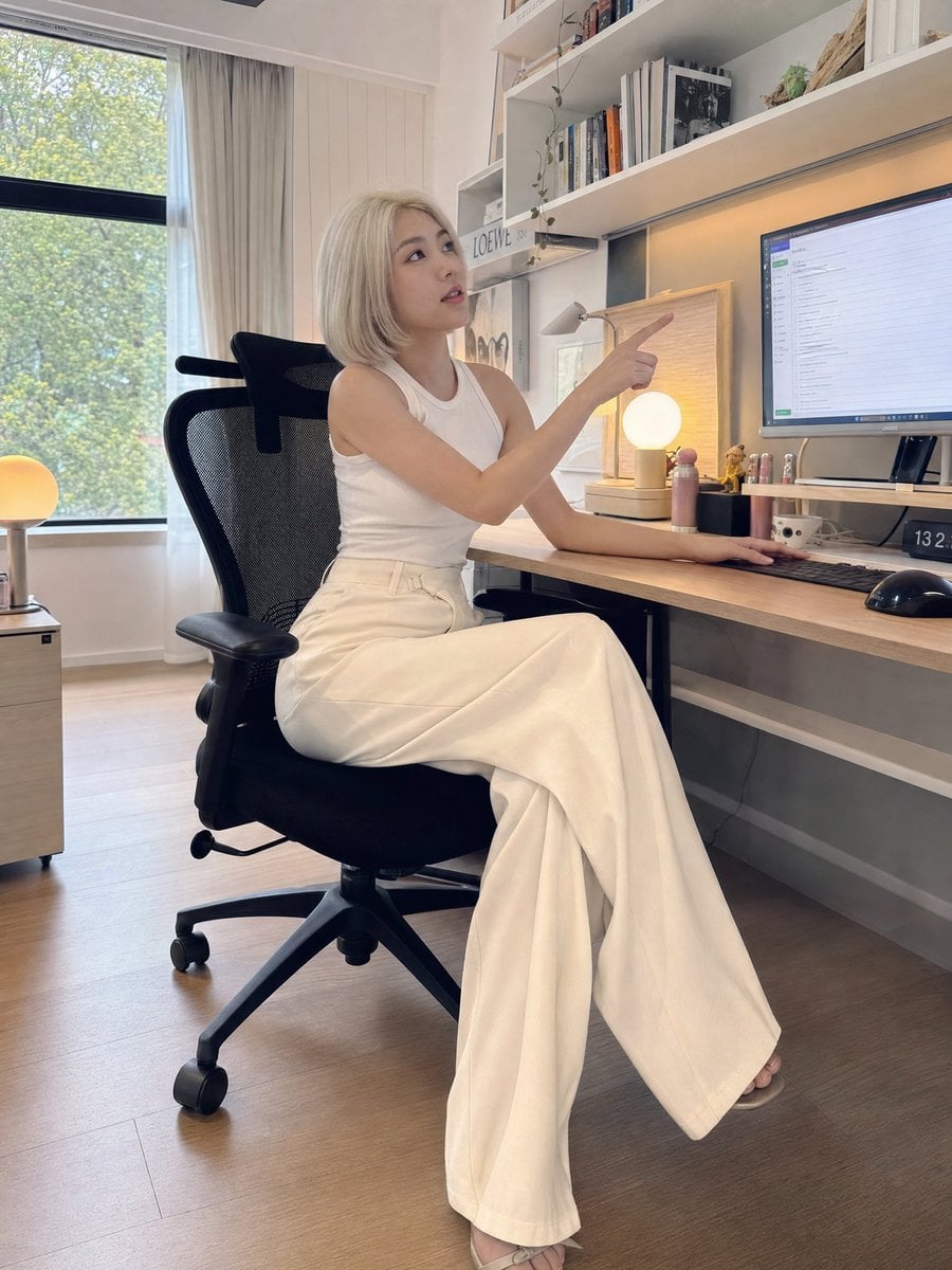 A beautiful young East Asian woman with a short platinum blonde bob haircut, fai