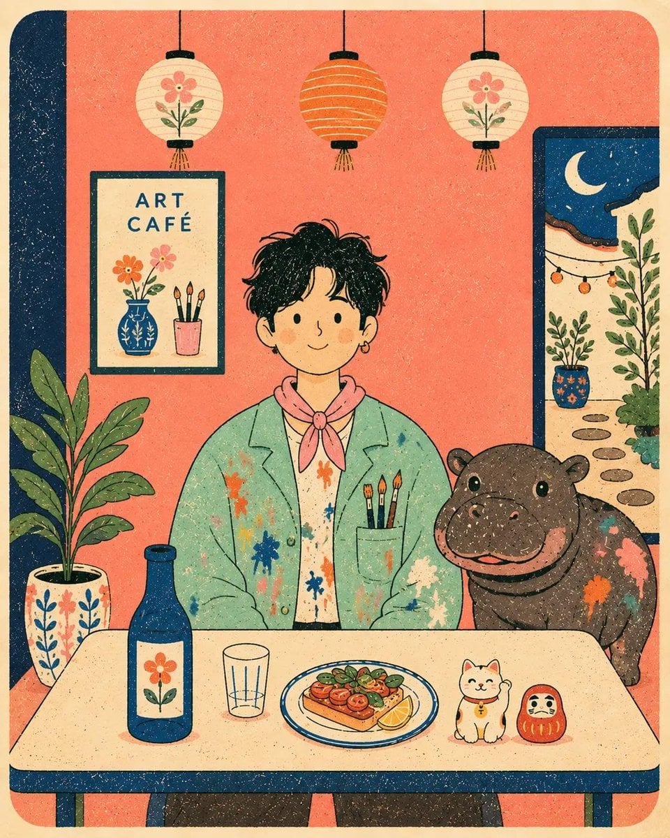 Flat modern risograph-style poster illustration of [Human], wearing [Clothing], 