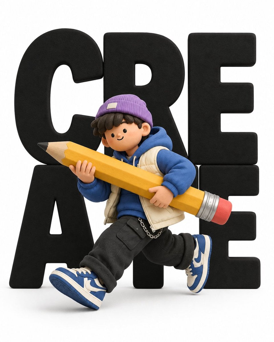 Minimalist 3D clay illustration of a cute stylized cartoon character creatively 