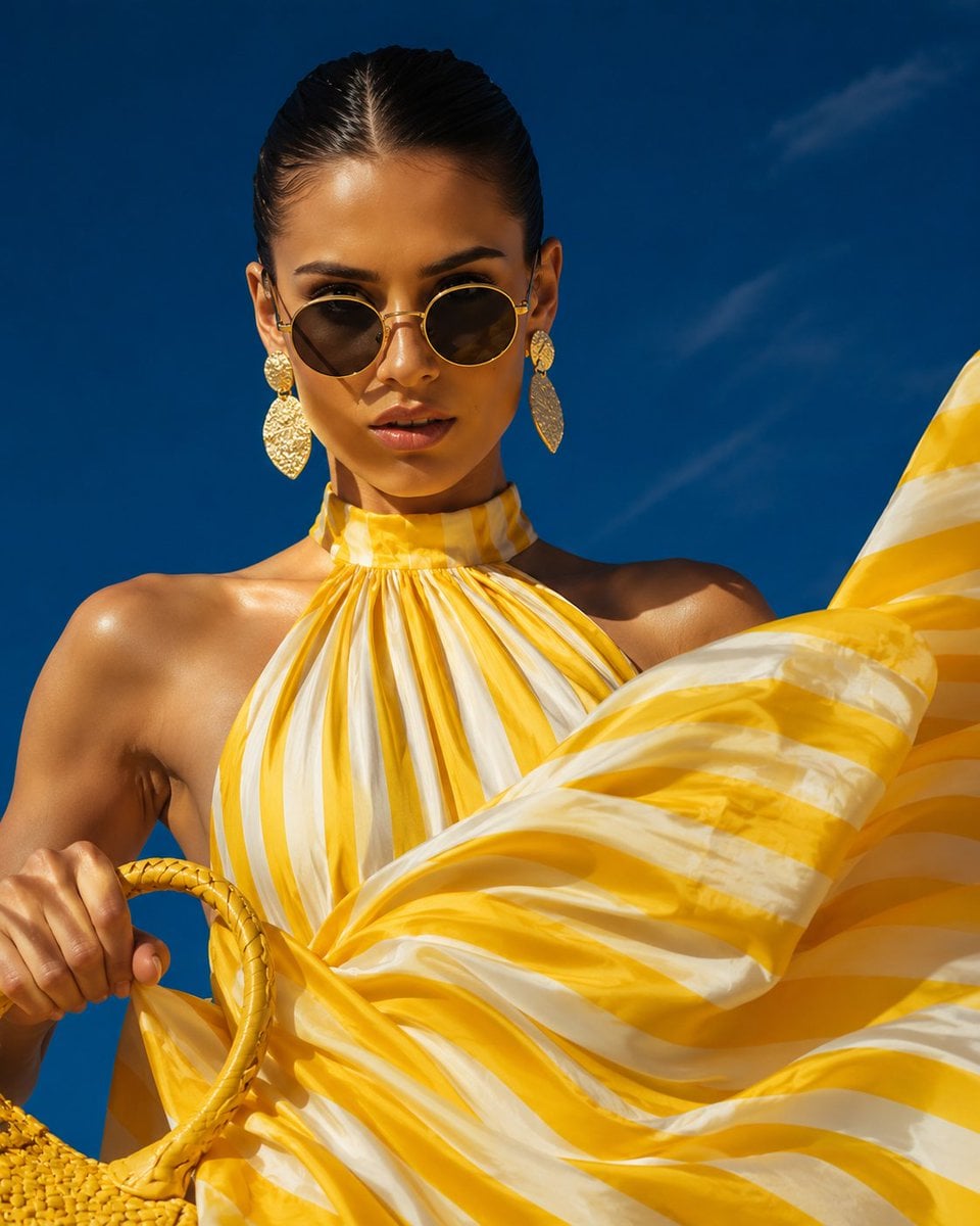 Wide dramatic fashion shot, woman in flowing yellow and white striped halter max