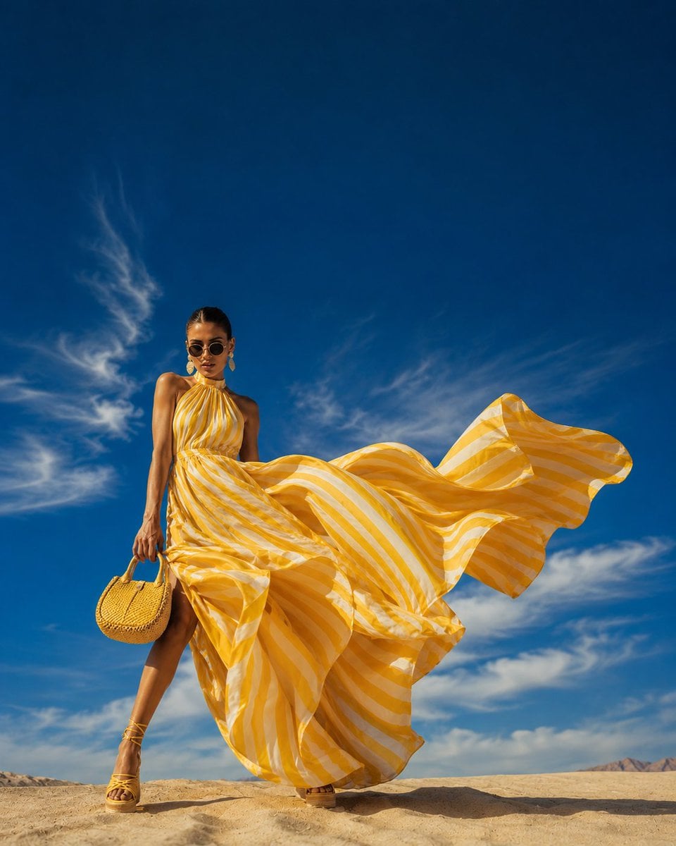 Wide dramatic fashion shot, woman in flowing yellow and white striped halter max