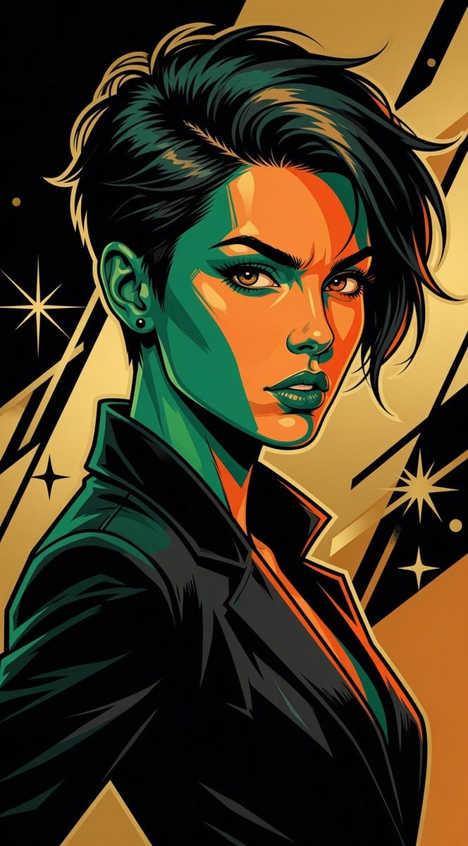 Create a high-quality vector pop art illustration of a beautiful young woman wit