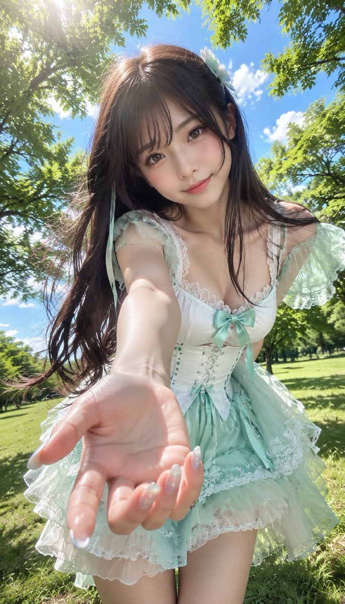 Vertical 9:16 photorealistic outdoor summer portrait.

An adult young woman with