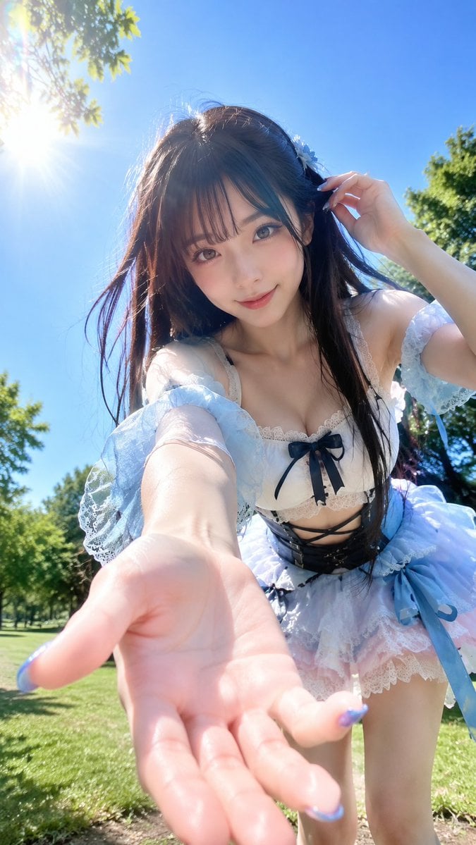 Vertical 9:16 photorealistic outdoor summer portrait.

An adult young woman with