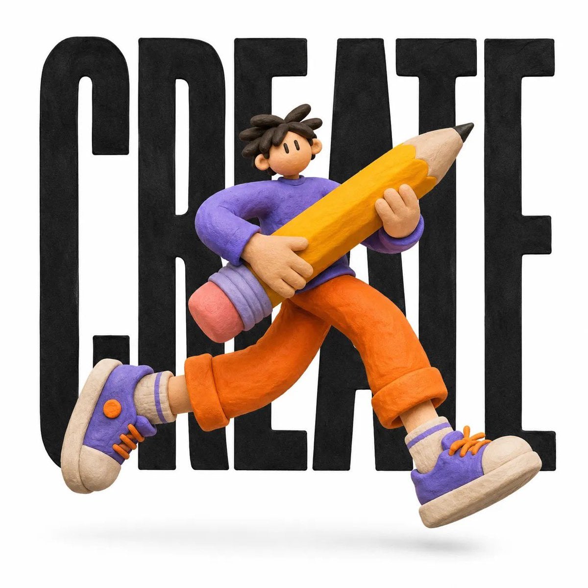 A cute handcrafted clay character in a whimsical 3D stop-motion style, standing 
