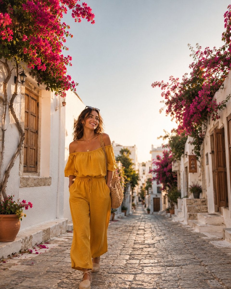 Wide lifestyle shot, woman in mustard-yellow off-shoulder jumpsuit walking down 