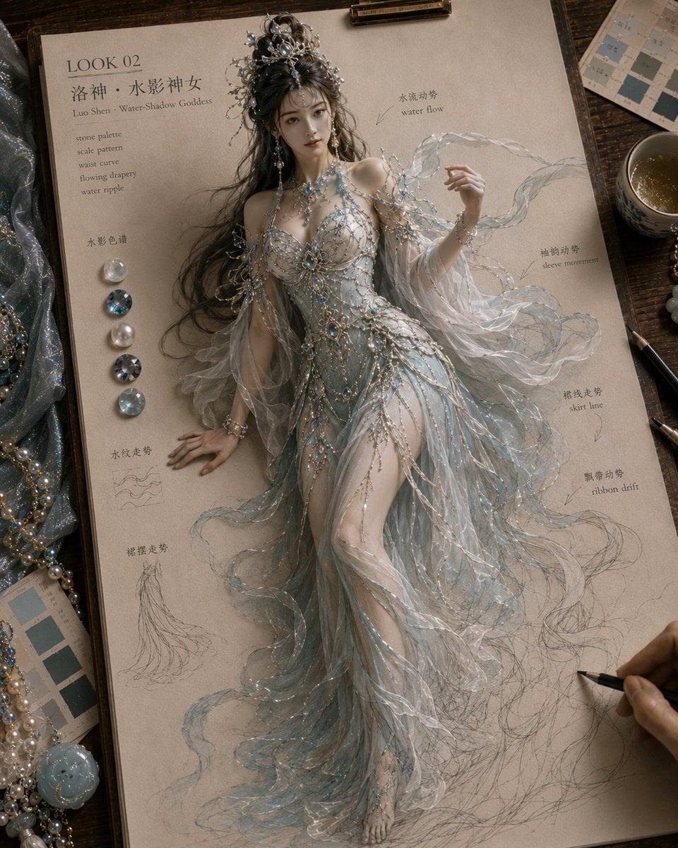 生成一张《纸上成真 · 神话绮装》风格图片，4:5 竖版。

画面是高级东方神话高定服饰设定稿：米白色手稿纸夹在木质画板上，放在温暖木色设计工作台。桌面有布料小