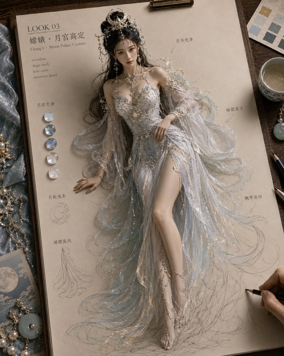 生成一张《纸上成真 · 神话绮装》风格图片，4:5 竖版。

画面是高级东方神话高定服饰设定稿：米白色手稿纸夹在木质画板上，放在温暖木色设计工作台。桌面有布料小