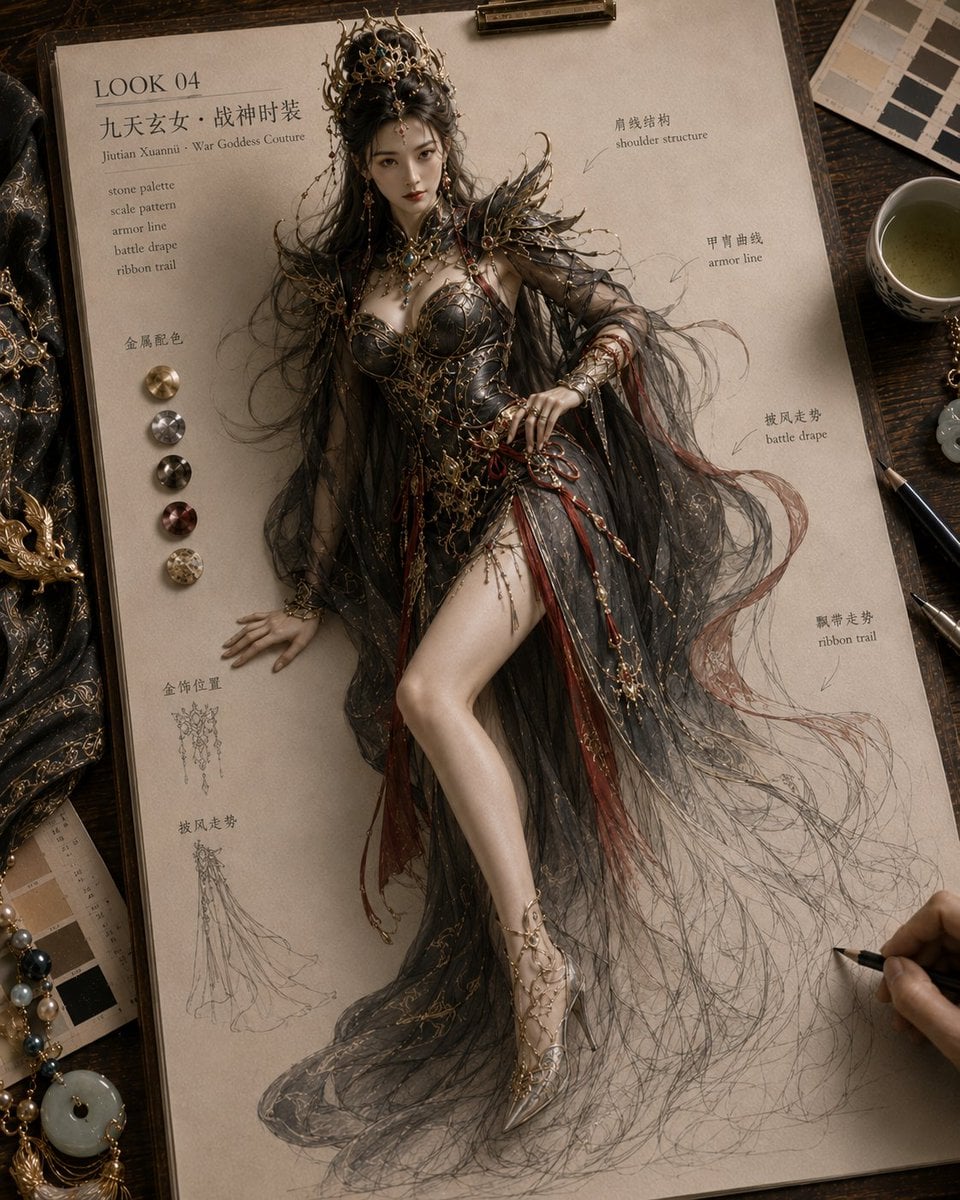 生成一张《纸上成真 · 神话绮装》风格图片，4:5 竖版。

画面是高级东方神话高定服饰设定稿：米白色手稿纸夹在木质画板上，放在温暖木色设计工作台。桌面有布料小