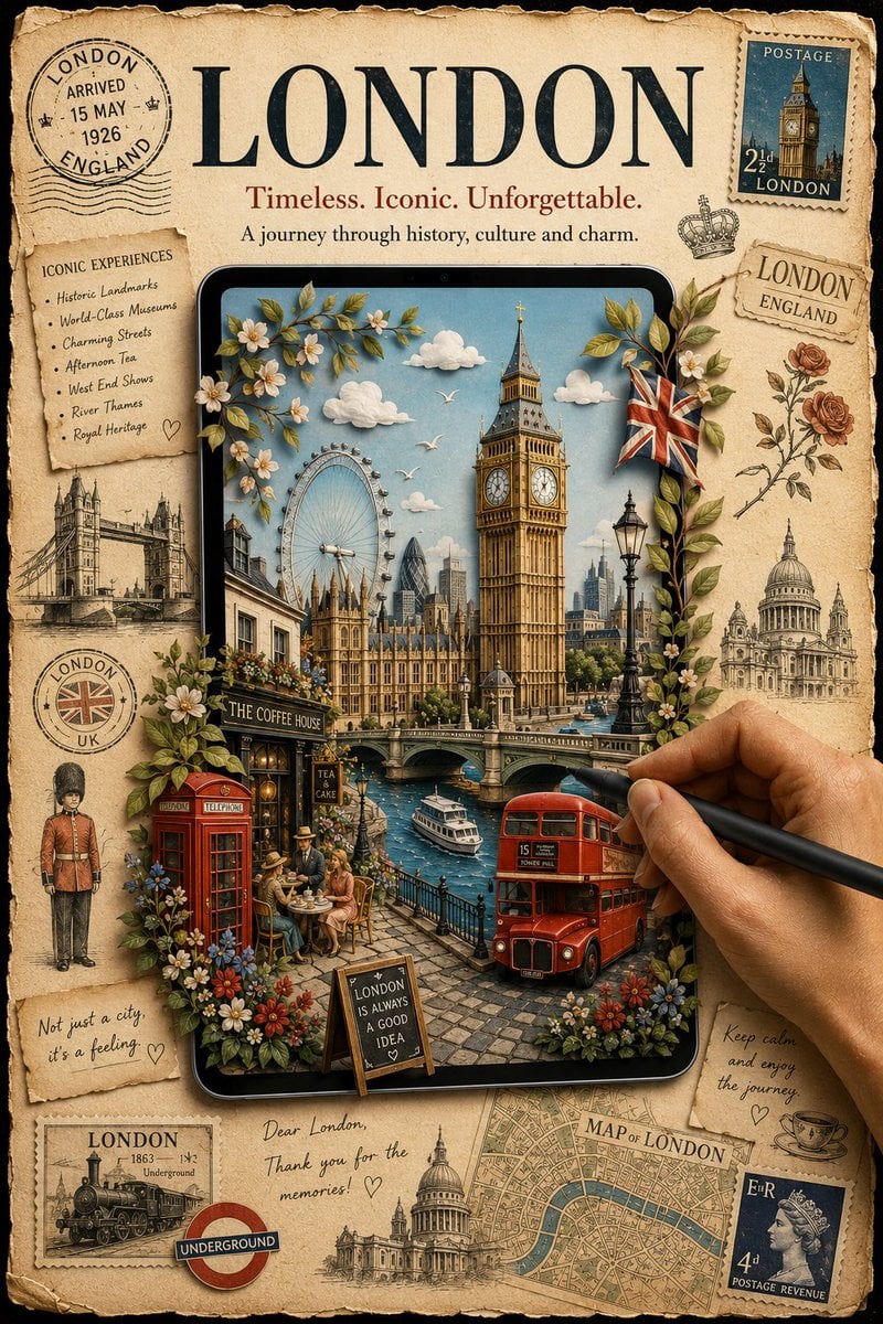 A premium vintage travel poster featuring [Destination Name] with a large tablet