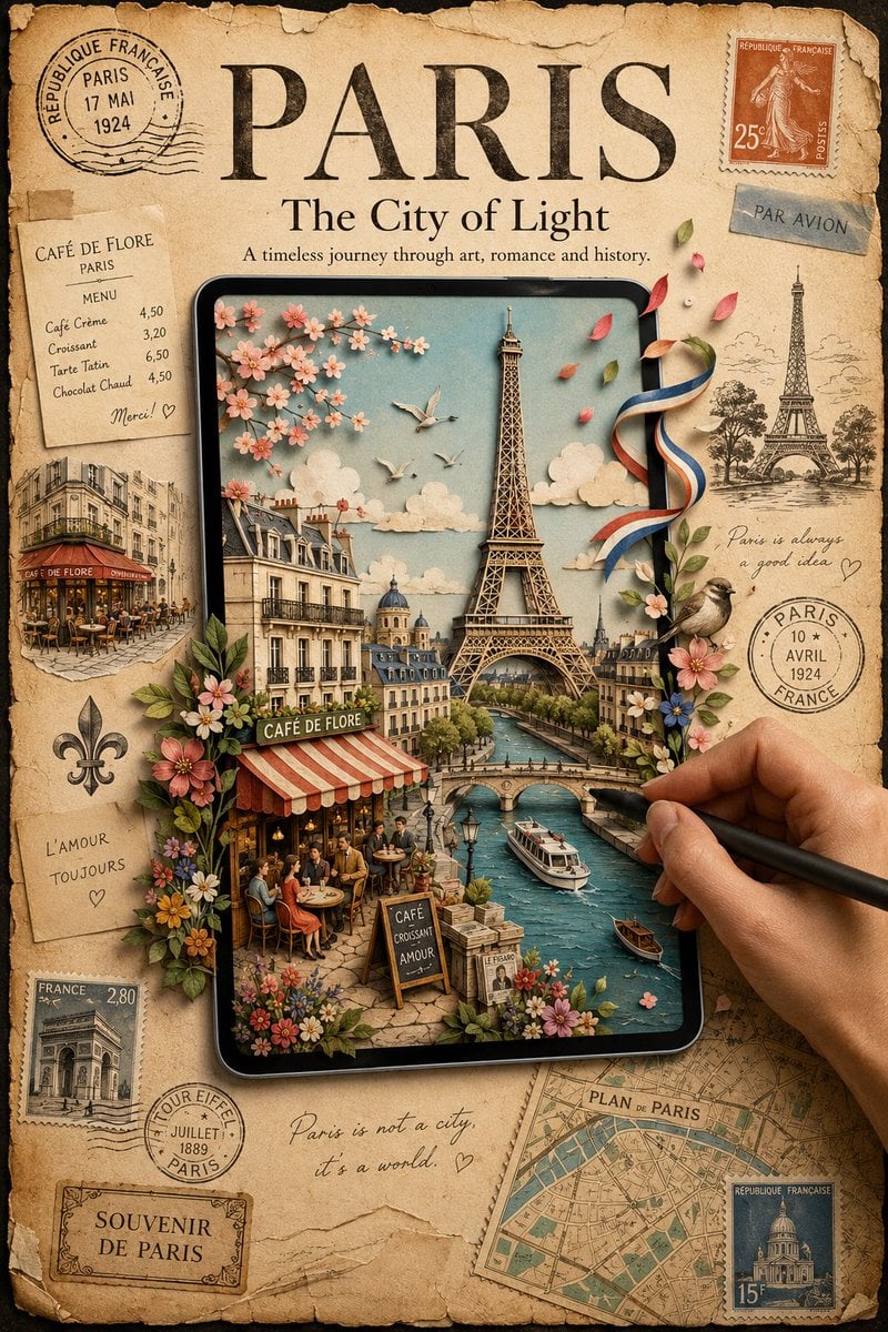 A premium vintage travel poster featuring [Destination Name] with a large tablet