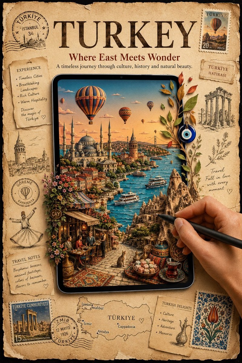 A premium vintage travel poster featuring [Destination Name] with a large tablet