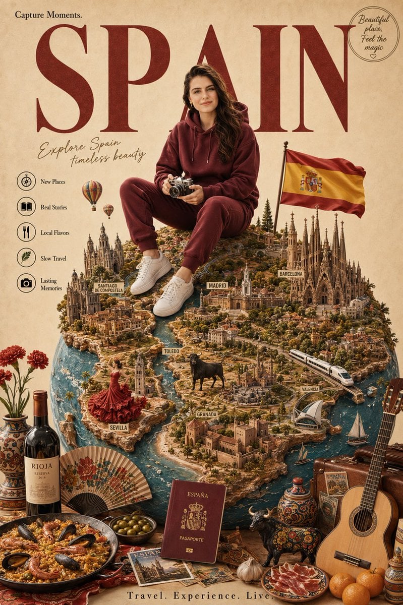 Create a premium luxury travel poster for [Portugal].
A smiling young male (use 