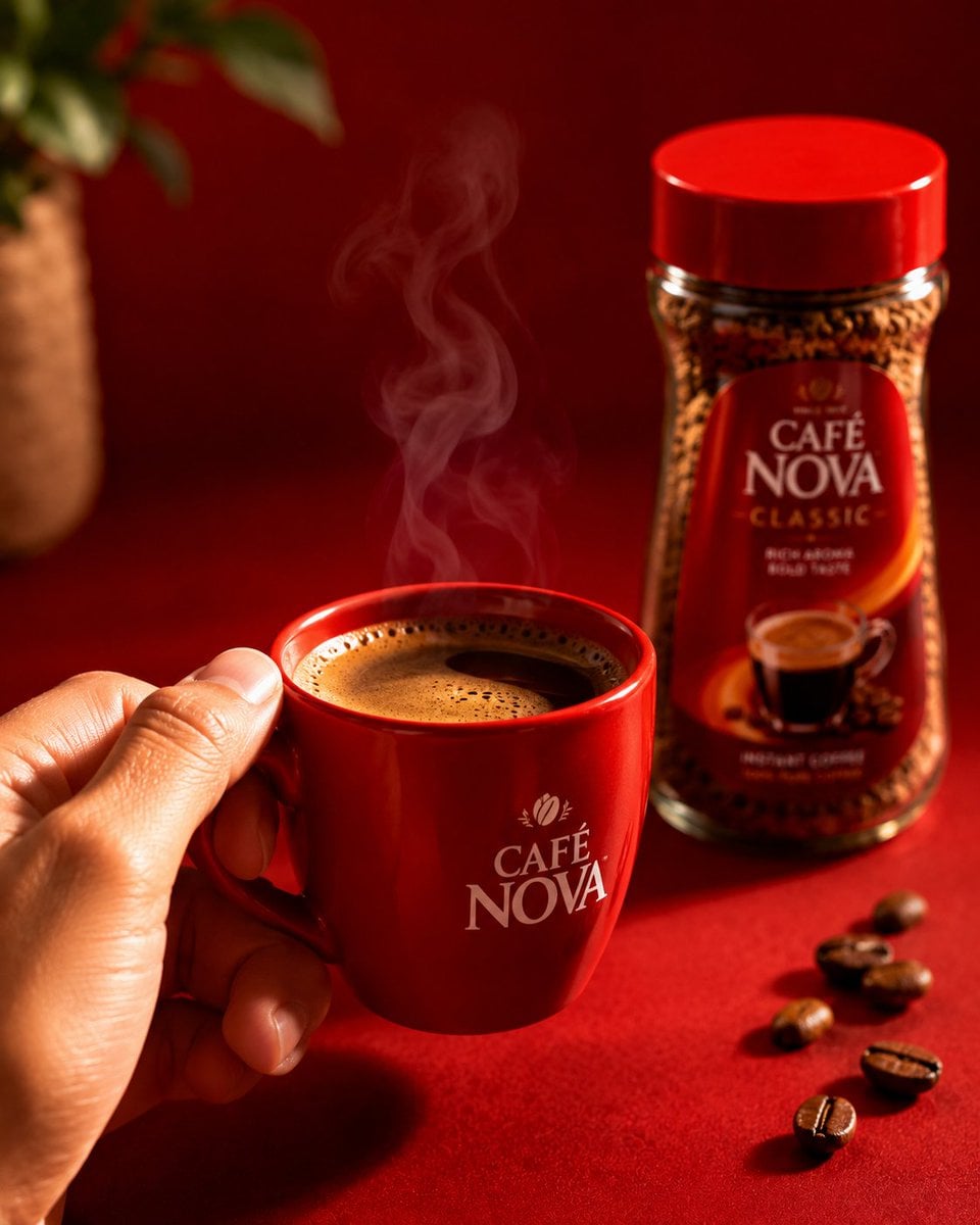 Wide advertising poster layout, glass coffee jar with red lid centered against s