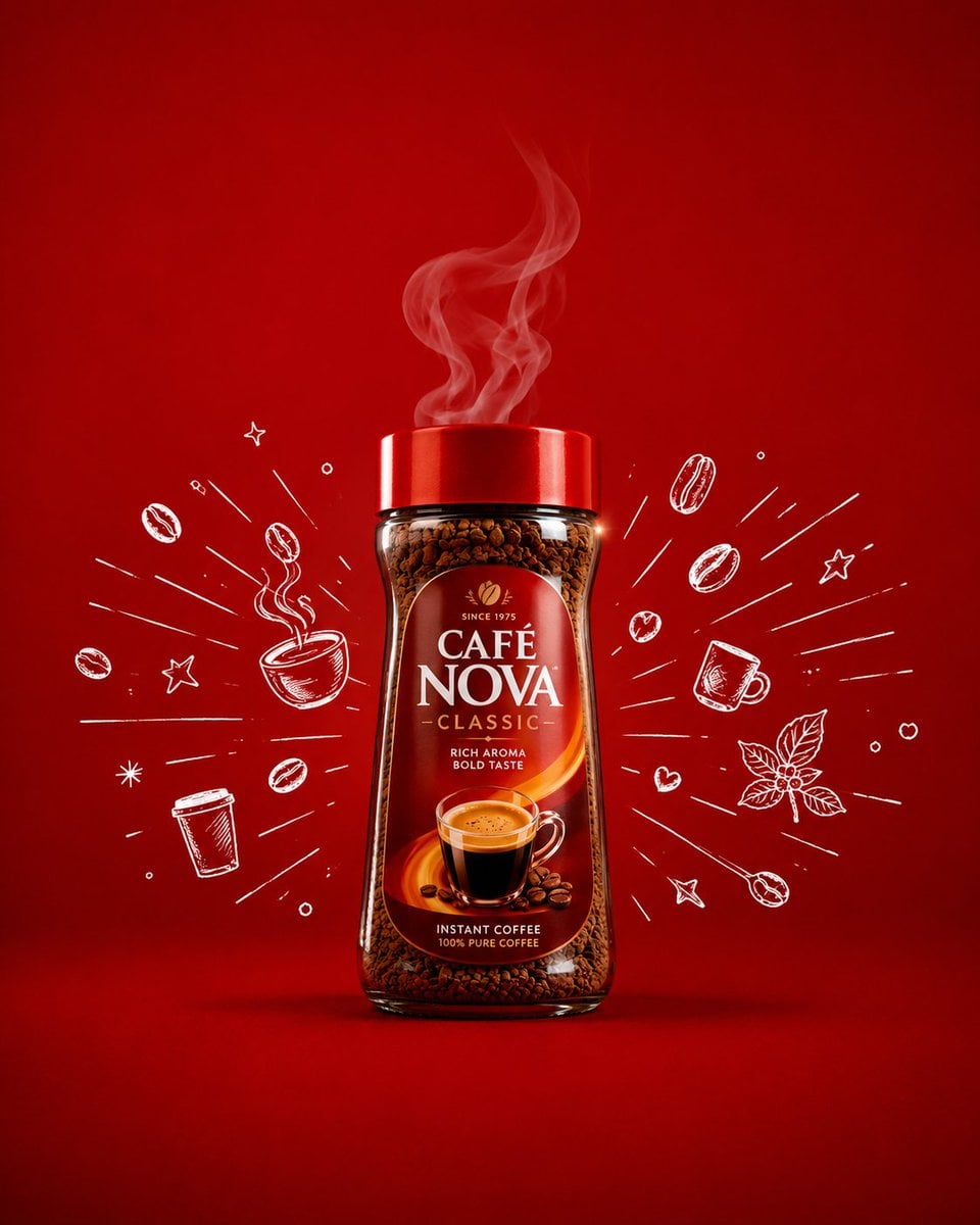 Wide advertising poster layout, glass coffee jar with red lid centered against s