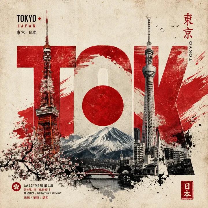 A premium vintage travel poster celebrating Tokyo, Japan, designed in a bold Jap