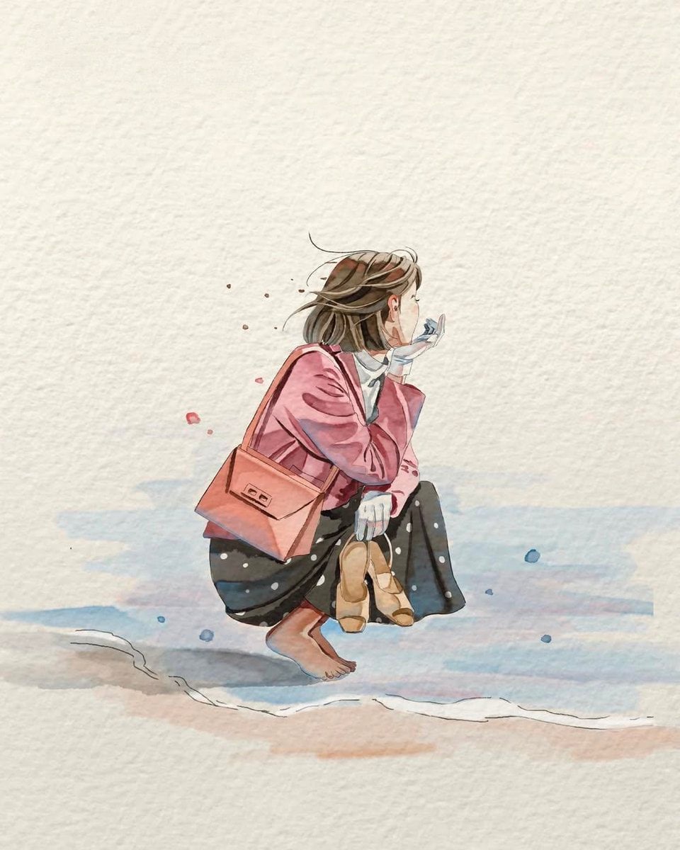 Minimalist watercolor illustration on textured handmade watercolor paper, large 