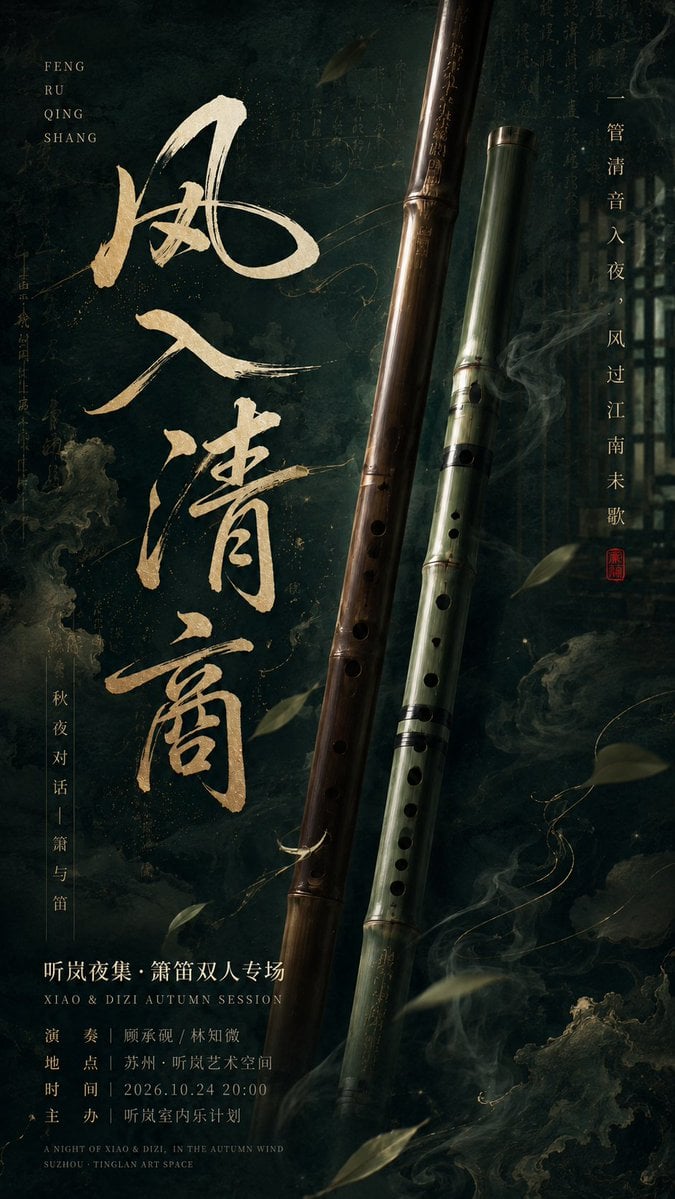 生成一张竖版 9:16 东方器乐文化海报。

主题：[主题名称]
类型：[活动类型]
乐器：[乐器名称]
主标题：[主标题文字]
主色调：[主色调]
时间：[时