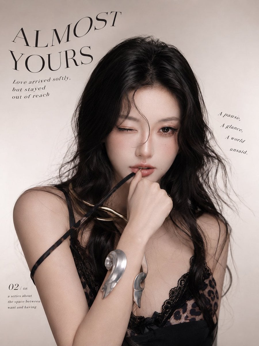 使用参考图风格生成一组高级时尚杂志人像大片，竖版 3:4。

画面主体是一位成年亚洲女性模特，黑色微卷长发，精致淡妆，眼神清冷又有一点失神感，表情不僵硬，带轻微