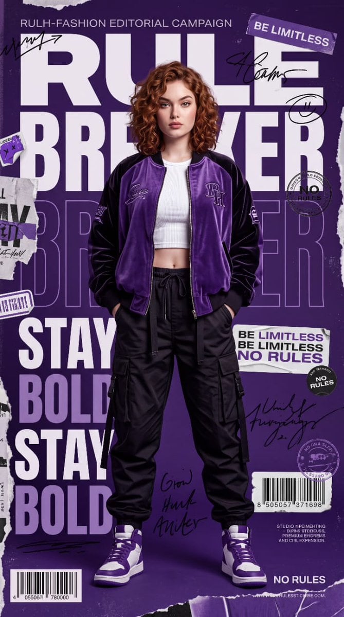 Create a high-fashion streetwear editorial poster featuring a stylish Korean wom