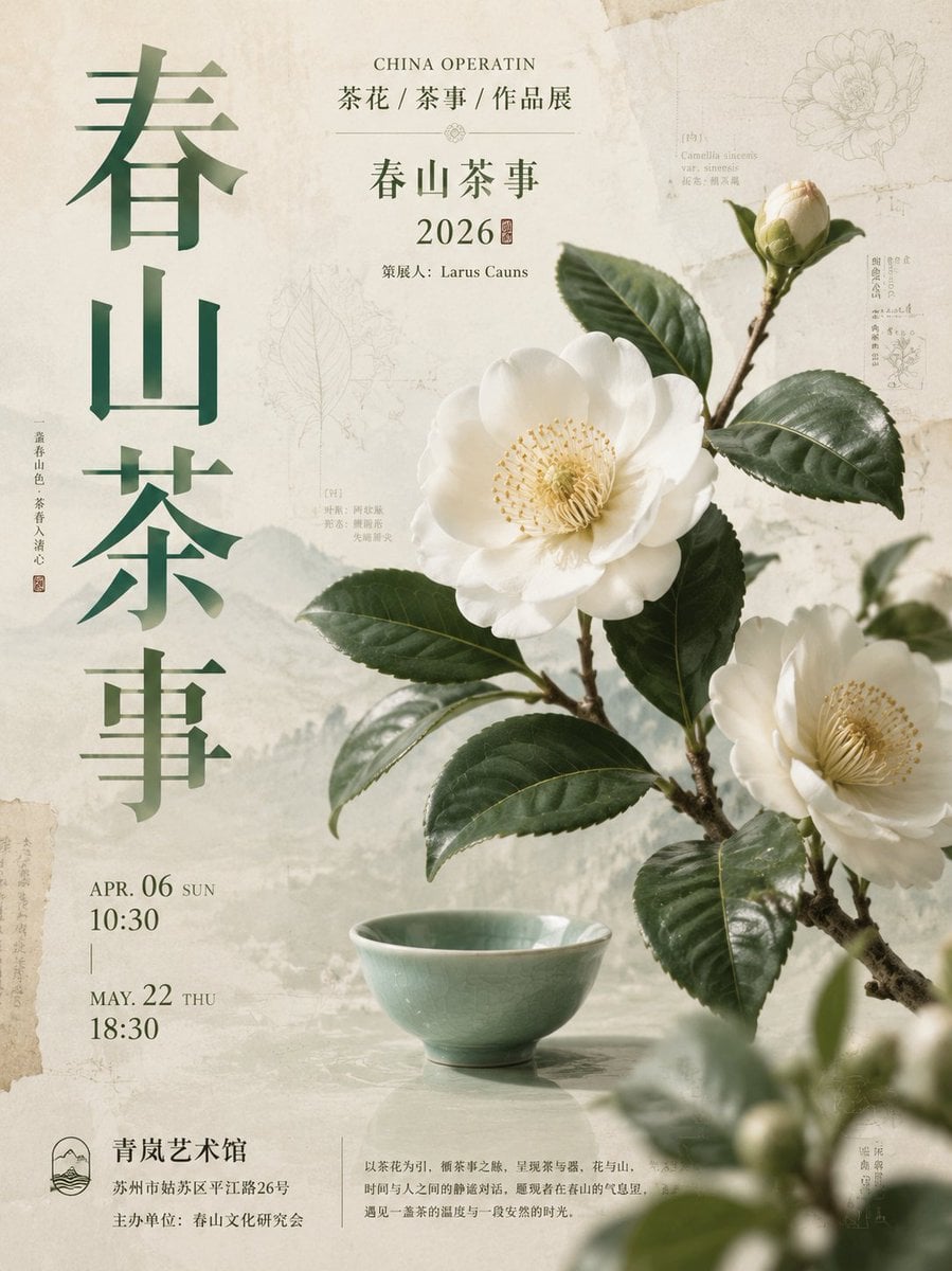 生成一张竖版 3:4 新中式高端展览海报，主题为[主题名称]，像真实美术馆 / 文化馆精品展览海报。

左侧超大竖排中文标题[大标题]，采用新中式现代标题字设计