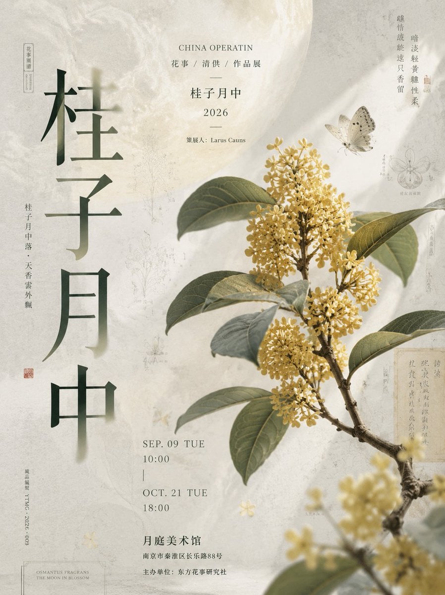 生成一张竖版 3:4 新中式高端展览海报，主题为[主题名称]，像真实美术馆 / 文化馆精品展览海报。

左侧超大竖排中文标题[大标题]，采用新中式现代标题字设计