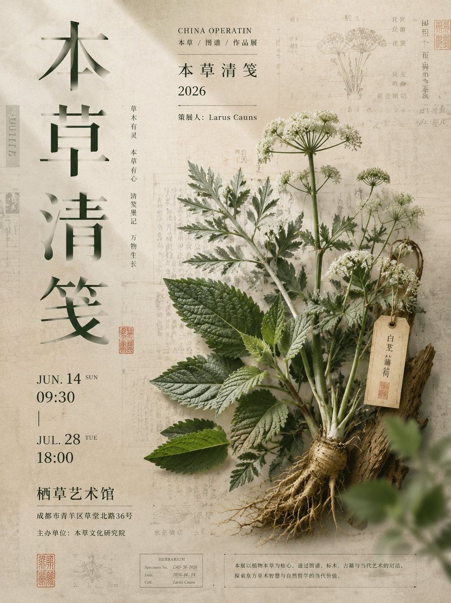 生成一张竖版 3:4 新中式高端展览海报，主题为[主题名称]，像真实美术馆 / 文化馆精品展览海报。

左侧超大竖排中文标题[大标题]，采用新中式现代标题字设计