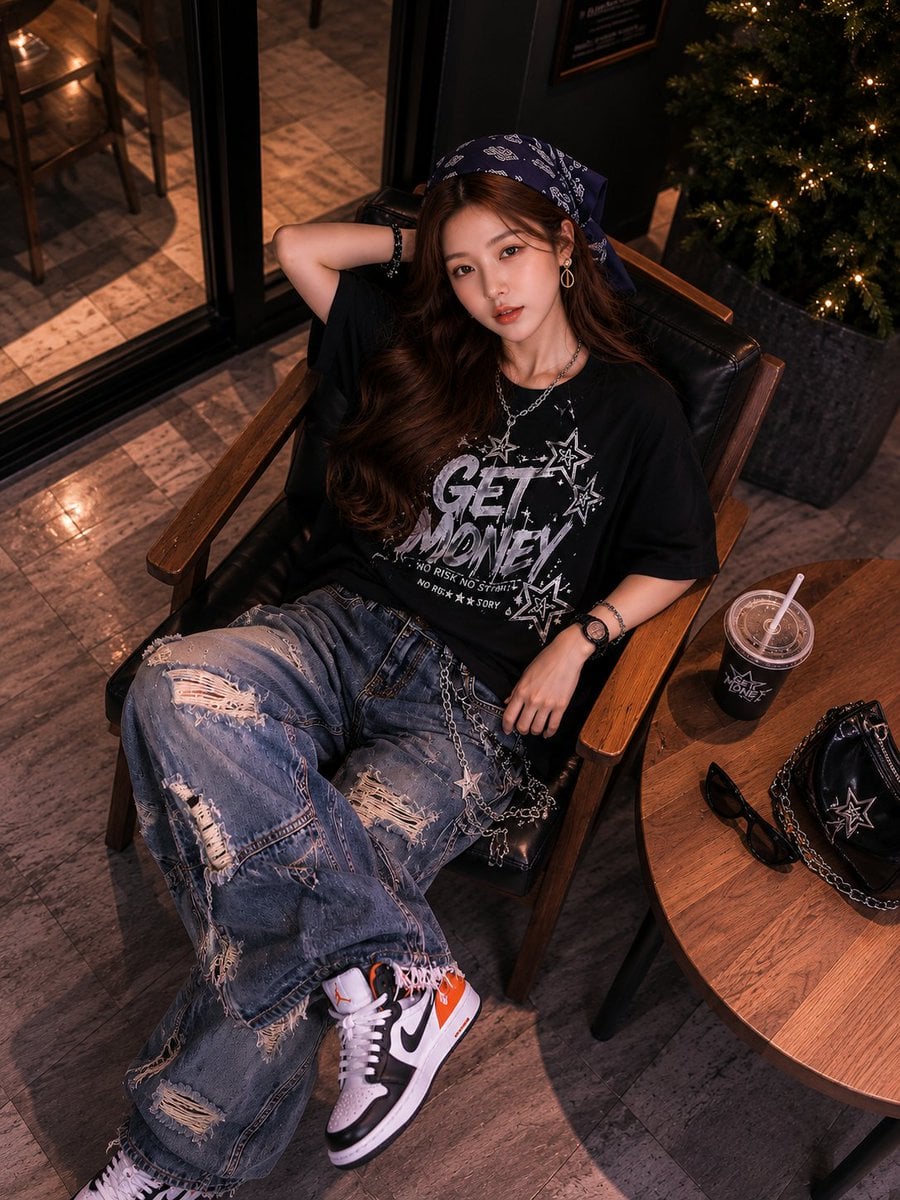 Prompt 1: Ultra-realistic fashion portrait of a stylish young woman relaxing in 