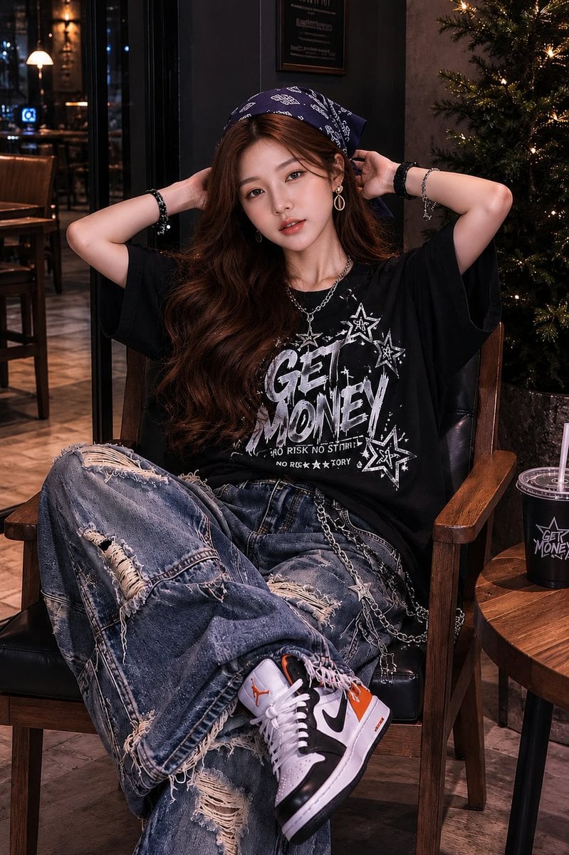 Prompt 1: Ultra-realistic fashion portrait of a stylish young woman relaxing in 