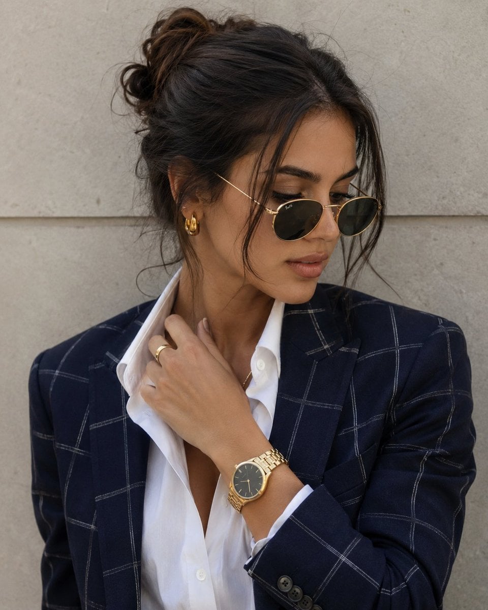 A close-up portrait of a stylish woman with softly tousled dark hair gathered in