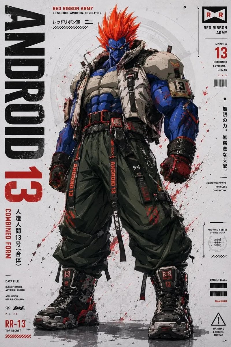 Ultra-detailed futuristic anime character design sheet, Dragon Ball Z Red Ribbon