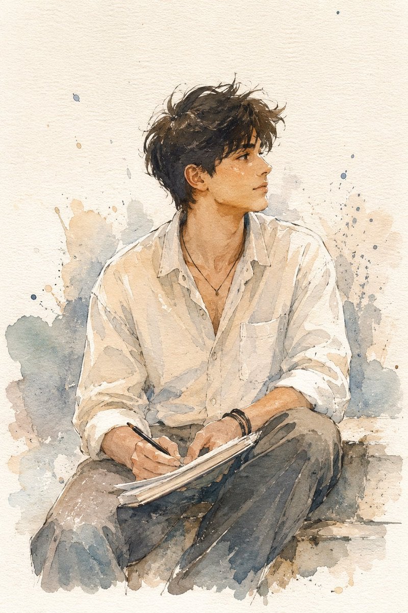 A minimalist watercolor illustration of a young woman immersed in a quiet everyd