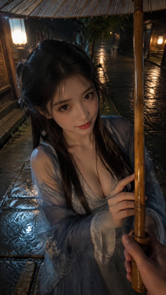 生成一张高度写实的竖版 9:16 古风 POV 夜游抓拍写真，真实手机摄影质感，高机位第一视角，近距离斜俯拍，不要完全垂直俯拍。

互动动作：【递花灯 / 雨夜