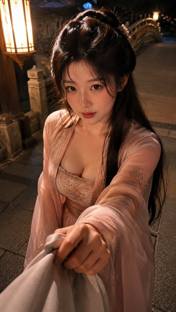 生成一张高度写实的竖版 9:16 古风 POV 夜游抓拍写真，真实手机摄影质感，高机位第一视角，近距离斜俯拍，不要完全垂直俯拍。

互动动作：【递花灯 / 雨夜