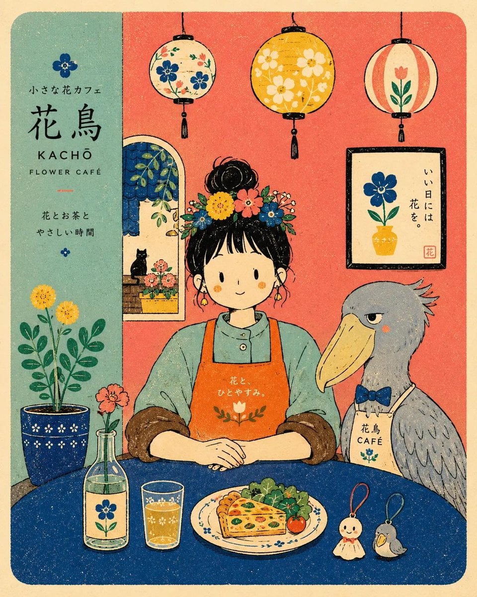 Whimsical Japanese retro café illustration, cozy slice-of-life aesthetic, minima
