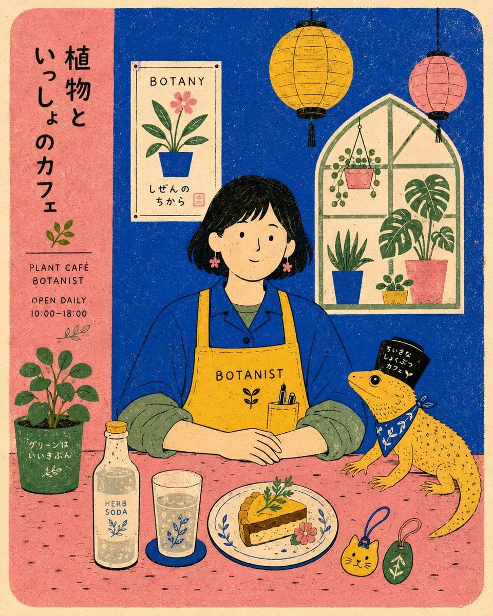 Whimsical Japanese retro café illustration, cozy slice-of-life aesthetic, minima