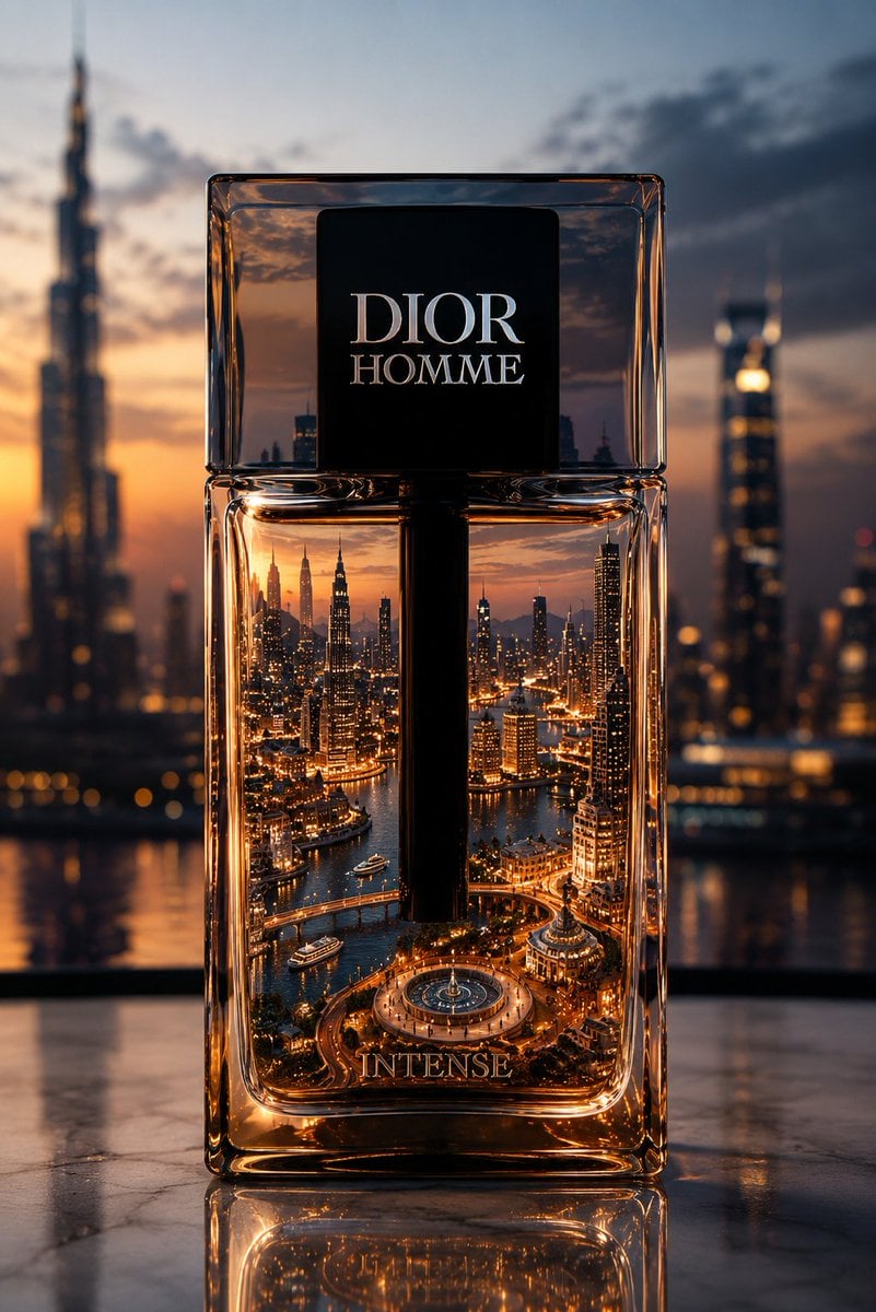 Create a premium surreal advertising scene where an entire miniature world is co