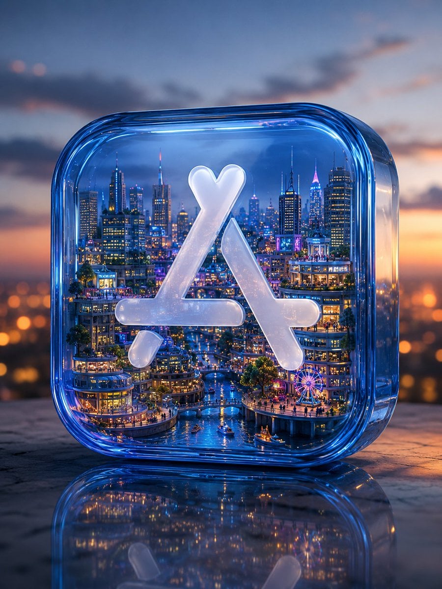 Create a premium surreal advertising scene where an entire miniature world is co