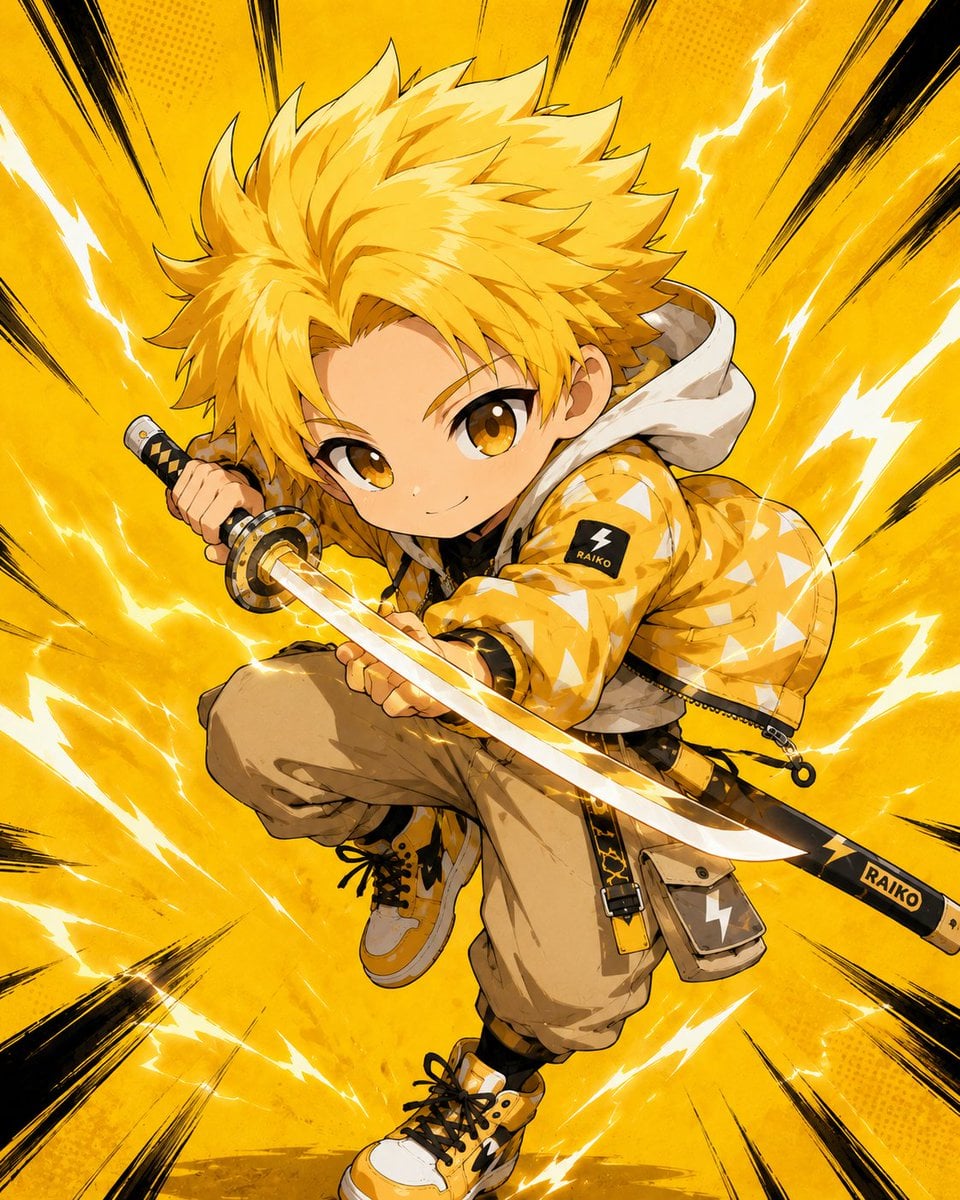 Wide chibi anime poster composition, young boy character with spiky yellow hair 