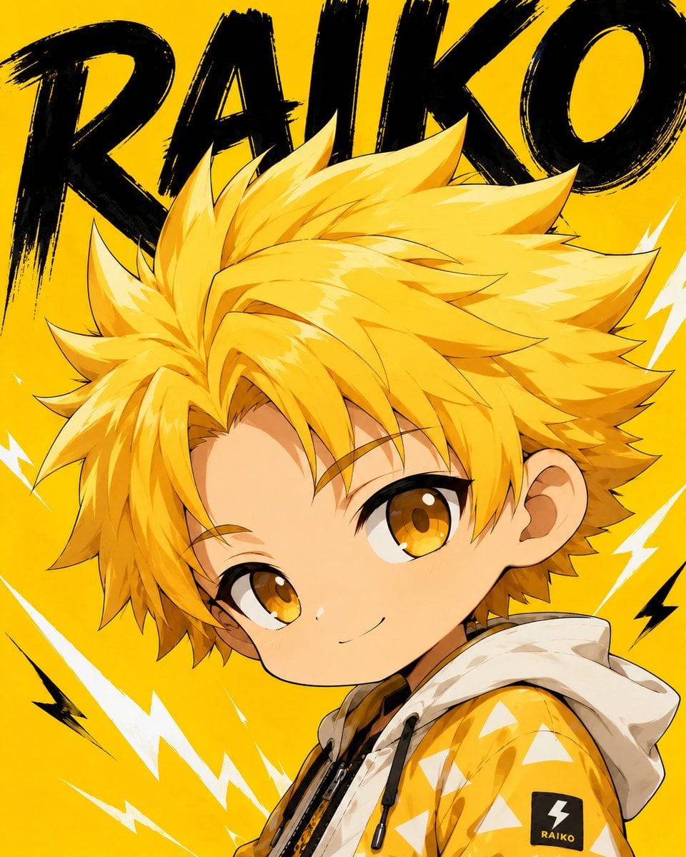 Wide chibi anime poster composition, young boy character with spiky yellow hair 