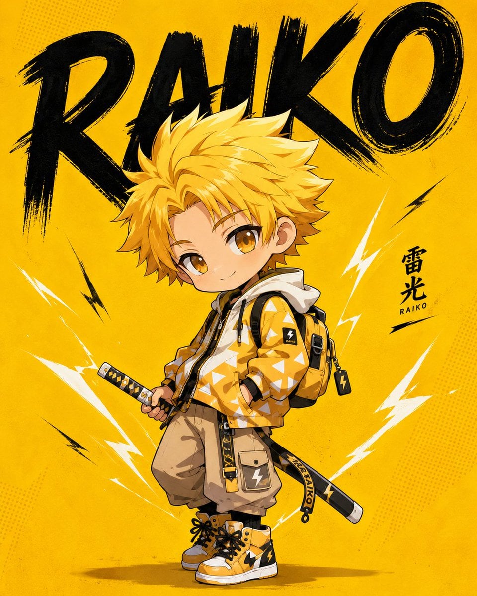 Wide chibi anime poster composition, young boy character with spiky yellow hair 