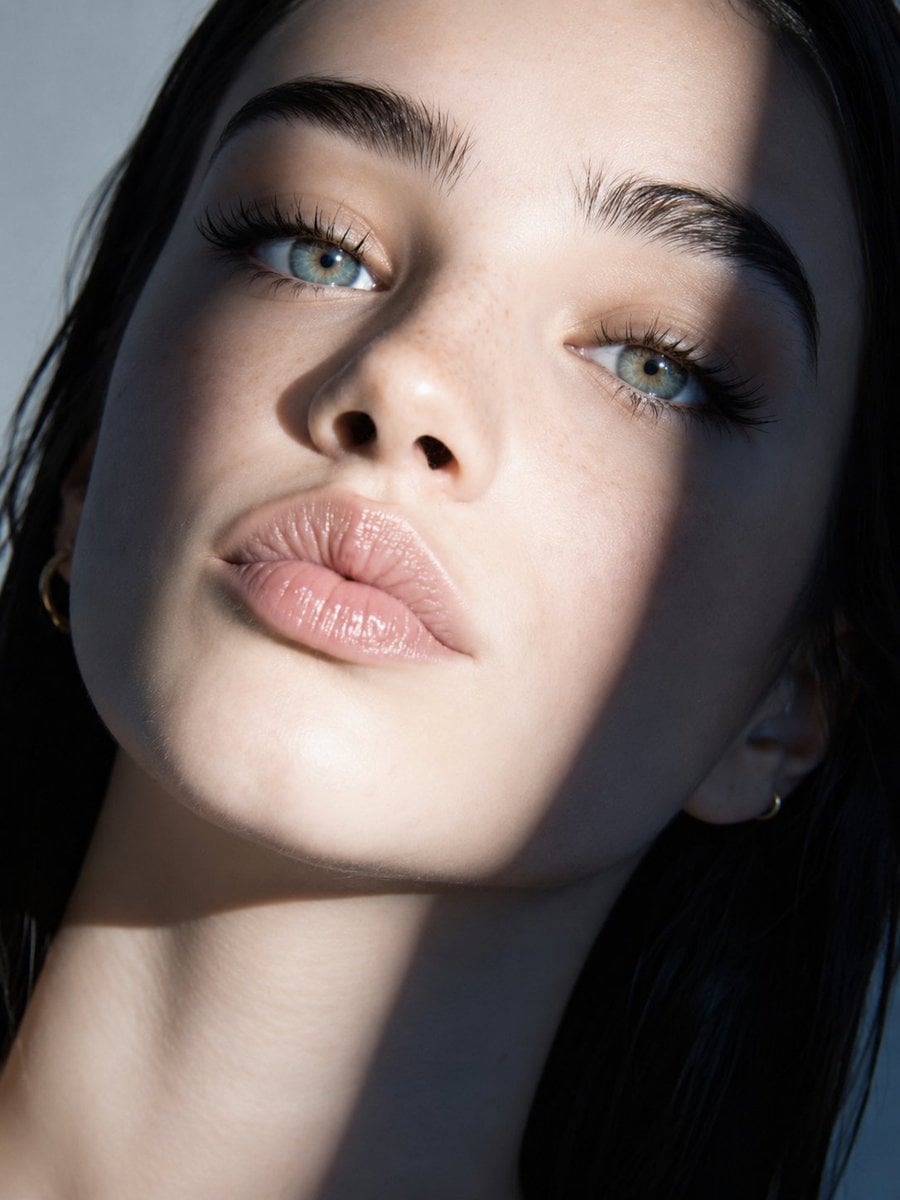 Ultra-realistic beauty portrait captured in a tight close-up with a full-frame m