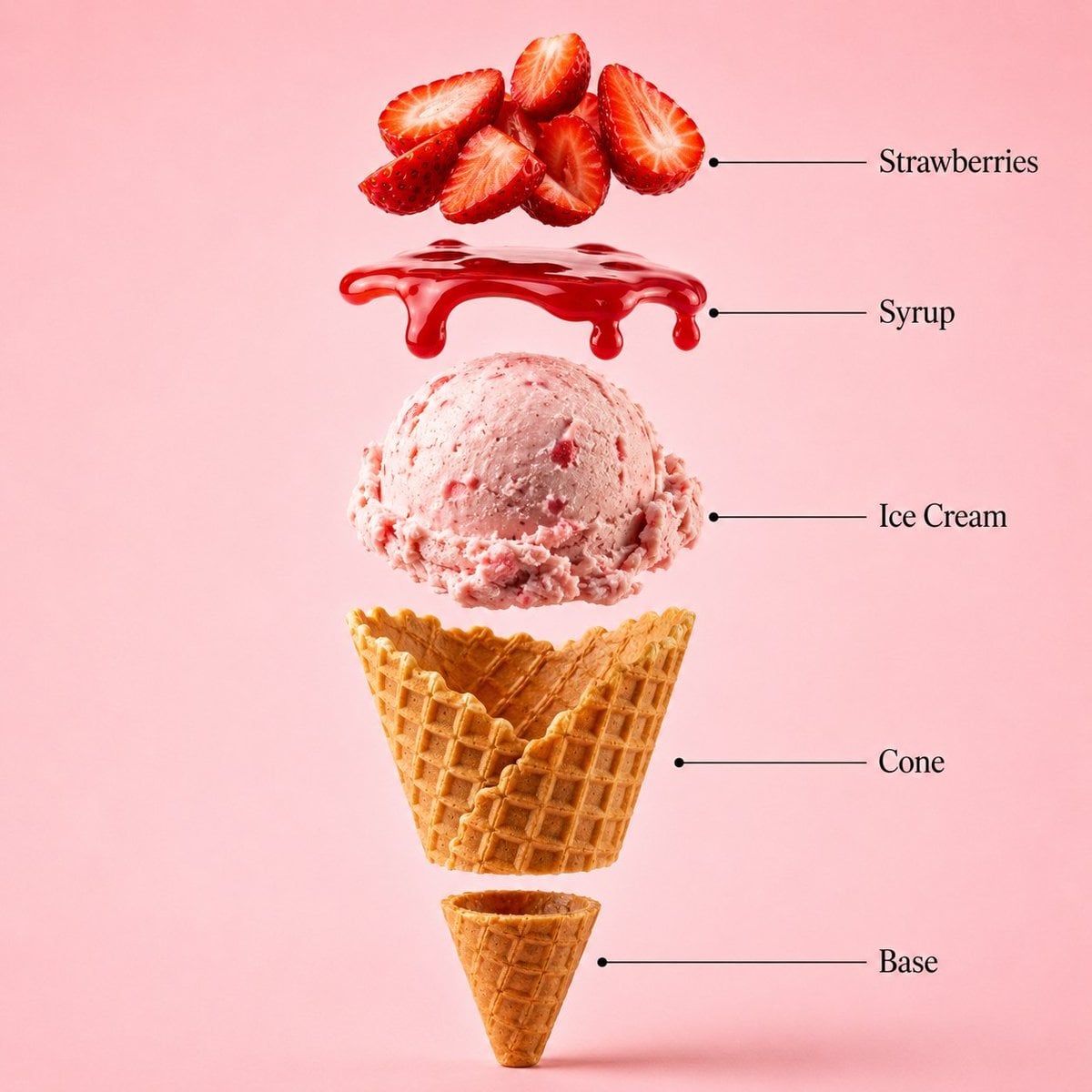 A premium dessert product photograph of a strawberry ice cream cone centered aga