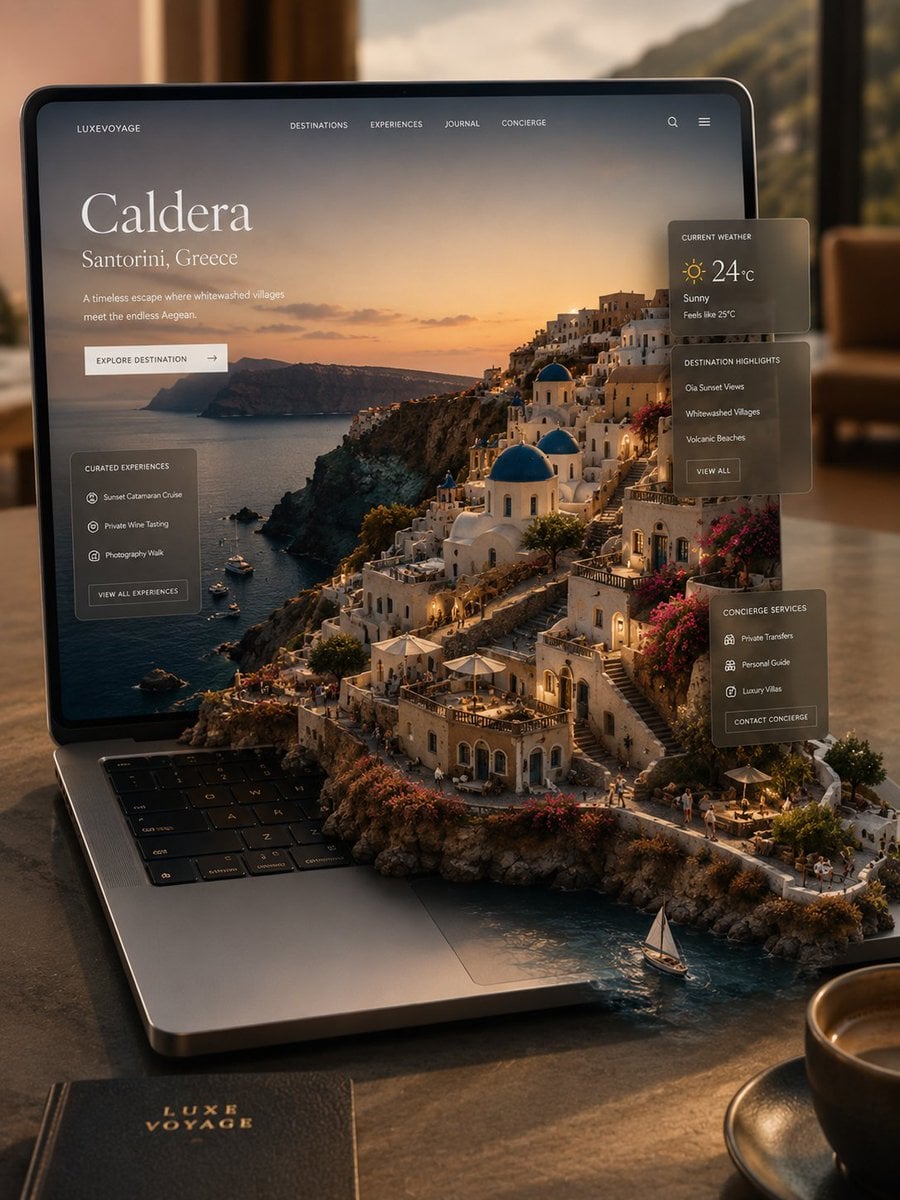 Ultra-premium travel platform visualized as a miniature world emerging seamlessl