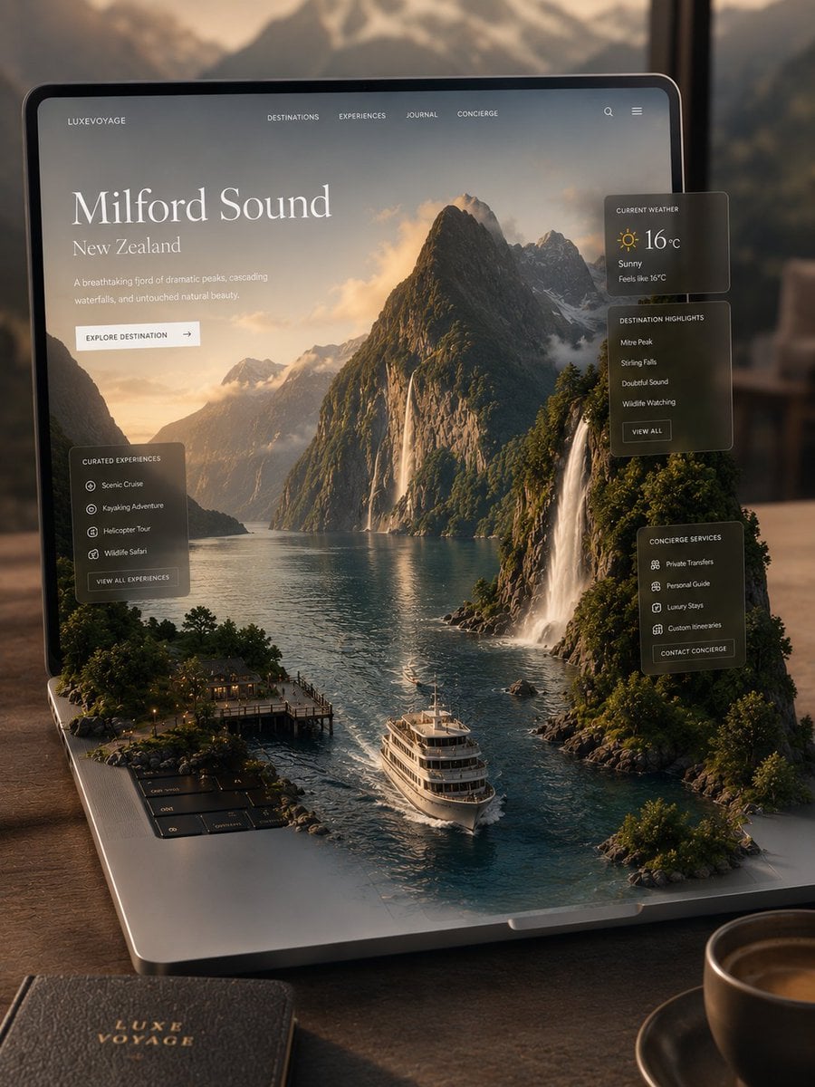Ultra-premium travel platform visualized as a miniature world emerging seamlessl