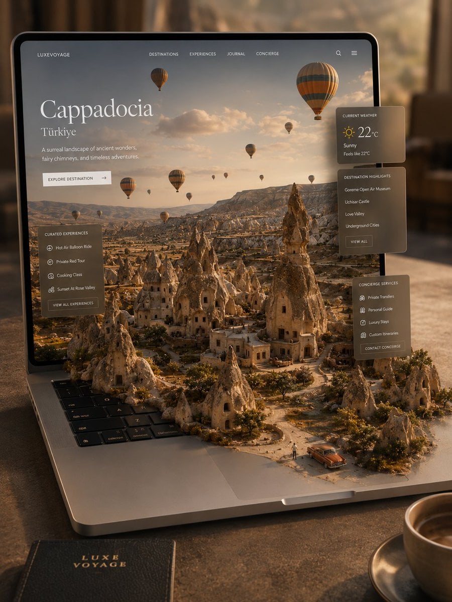 Ultra-premium travel platform visualized as a miniature world emerging seamlessl