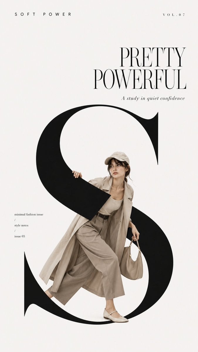 Create a high-end fashion editorial cover with strong typography, refined negati