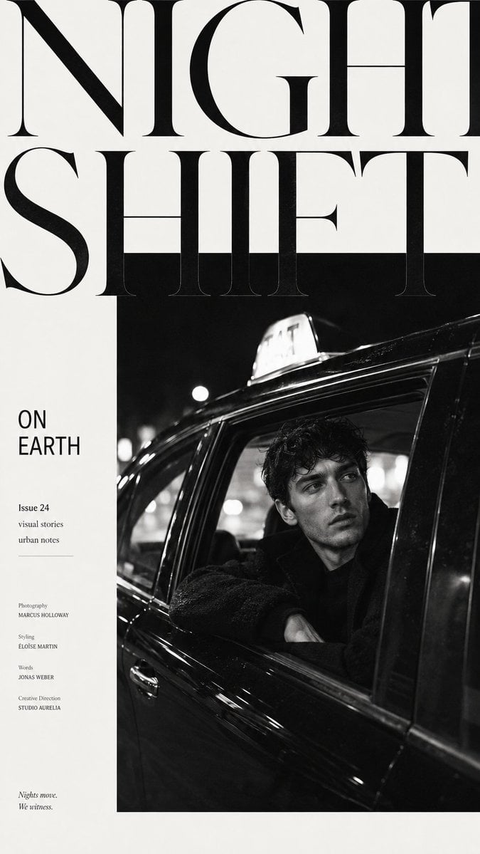 Create a high-end fashion editorial cover with strong typography, refined negati